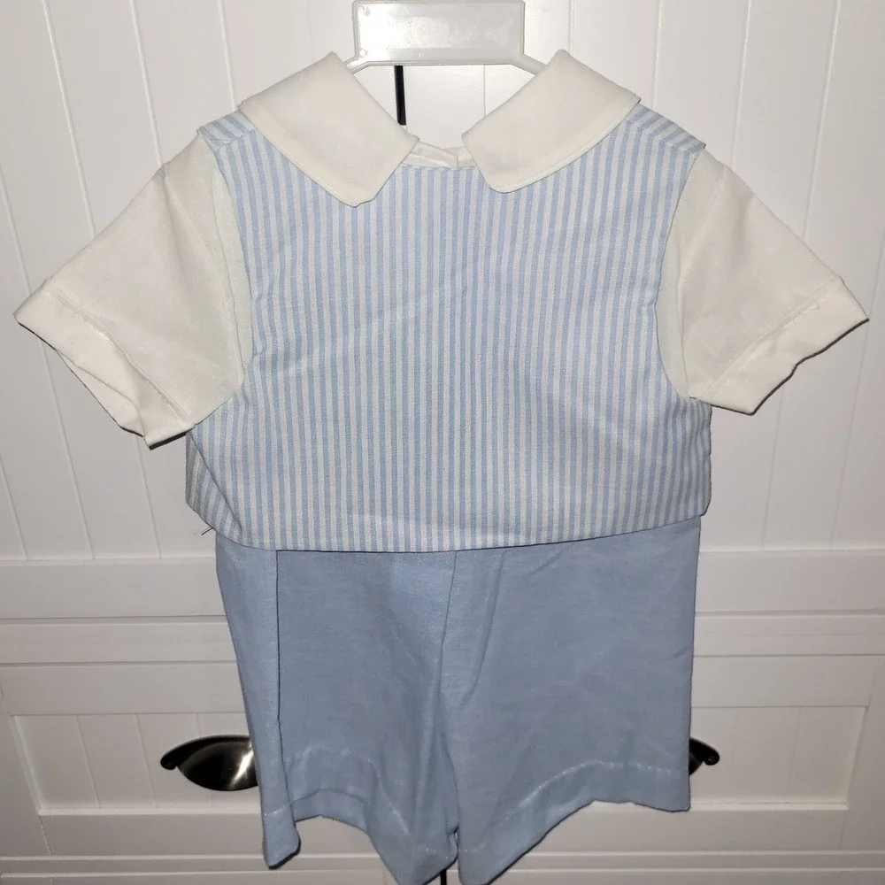 Something Pretty Vintage Baby Boy Romper Blue White Striped Bow Tie 24M USA